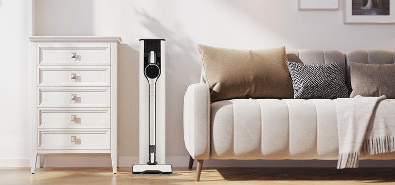 It shows calming beige color LG Objet Collection A9X is placed in a modern living room.